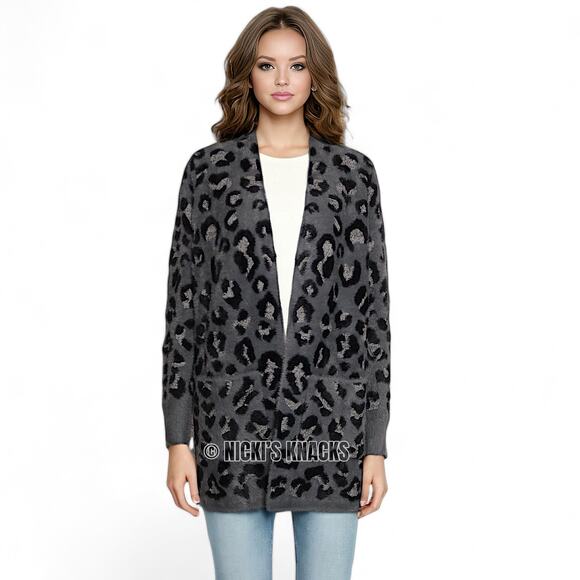 Fuzzy Leopard Print Cardigan Gray Black Open Front Cozy Knit Sweater Soft Size S - Picture 9 of 10